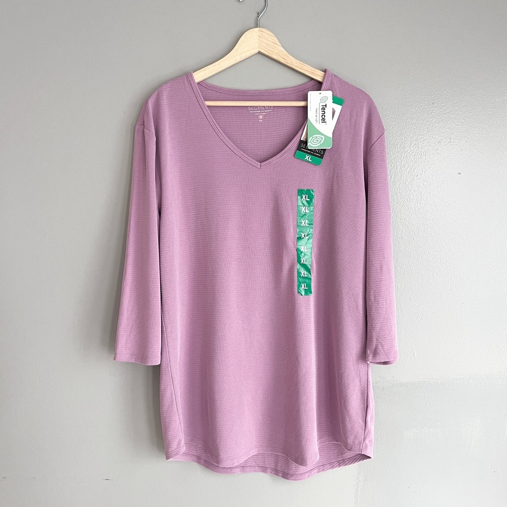 Segments V-Neck Top Womens XL Tencel Pink Ribbed 3/4 Sleeve Casual NWT